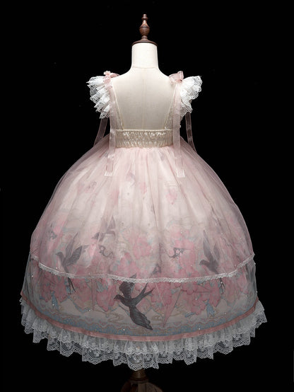 Peach Blossom Print Pink Empire Waist Chinoiserie Lolita Dress with Beaded Sheer Overlay - Dream Magic Box