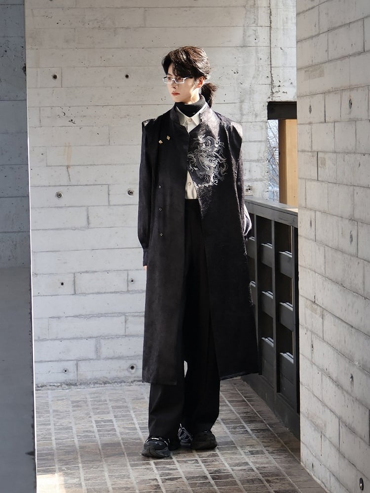 Black Trench Coat with Dragon Embroidery, Mandarin Collar & Detachable Tassel Trim - Feng Hua Gui Guo Ling