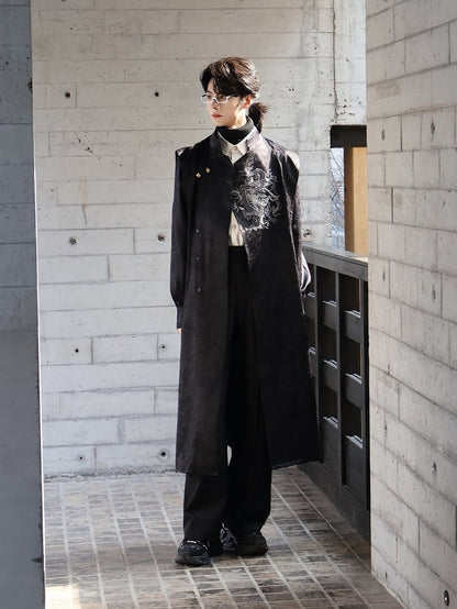 Black Trench Coat with Dragon Embroidery, Mandarin Collar & Detachable Tassel Trim - Feng Hua Gui Guo Ling