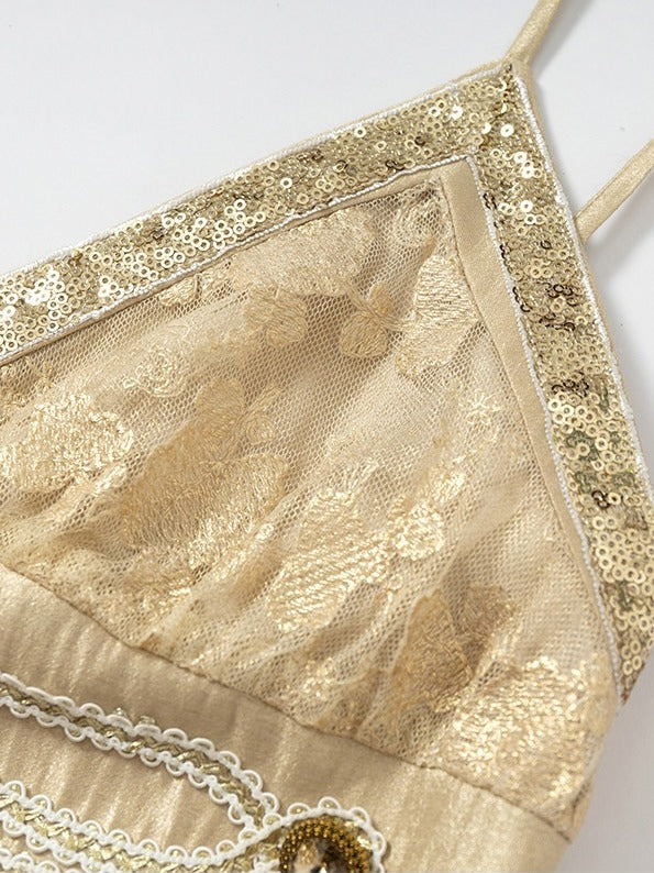 Golden Jacquard Cami Dress with Sequin Accents - NO ROMANCE