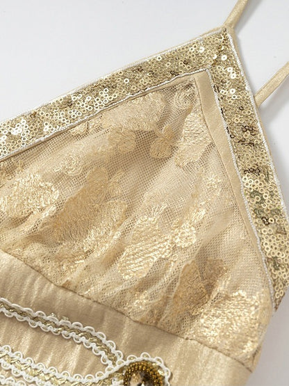 Golden Jacquard Cami Dress with Sequin Accents - NO ROMANCE