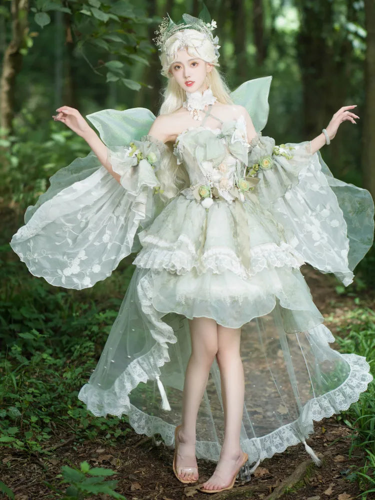 Set Decorated Princess Fairy Dress Flowers Lolita Butterfly JSK Light Full Green Forest