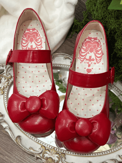 PU Janes Toe Mary Top Lolita Heart Bow - at Buckle Round Red