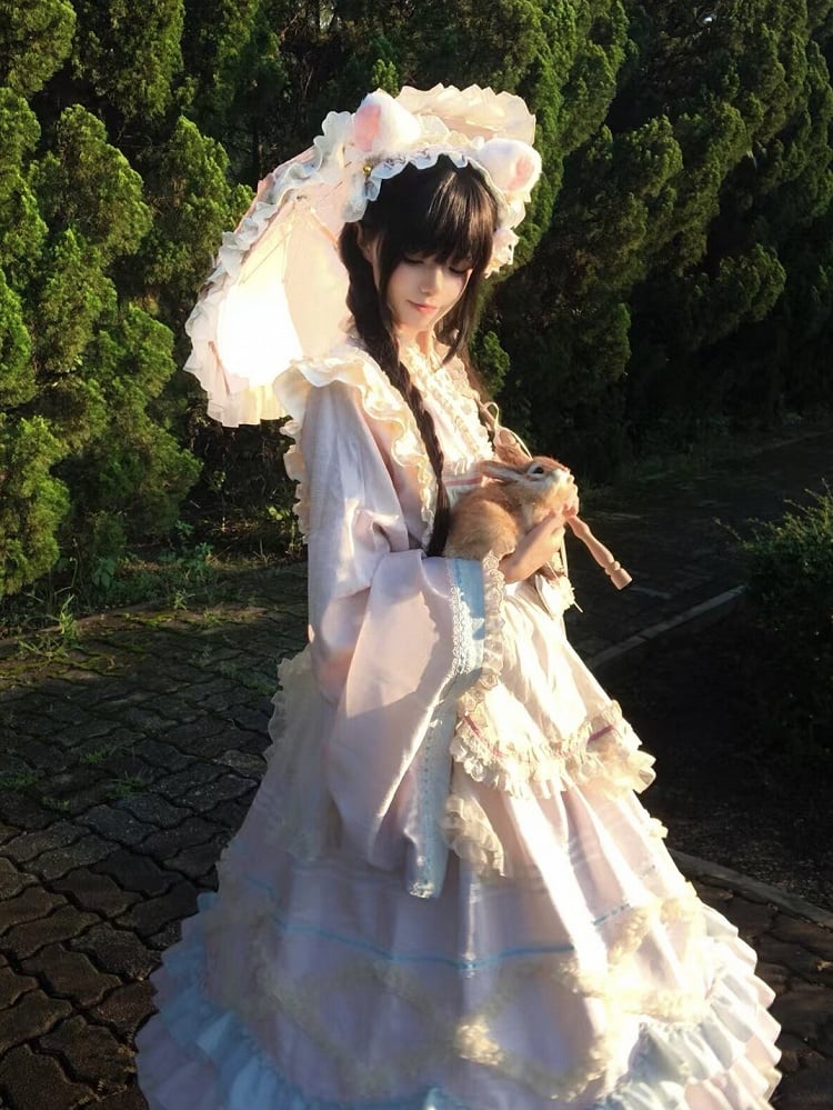 Hanfu-Inspired Lolita Top Set with Long Ruffle Skirt & Apron in Pink Blue - Berry Story Lolita