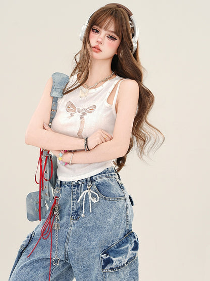 Schwarz/weißes Tanktop mit Schleifenausschnitt