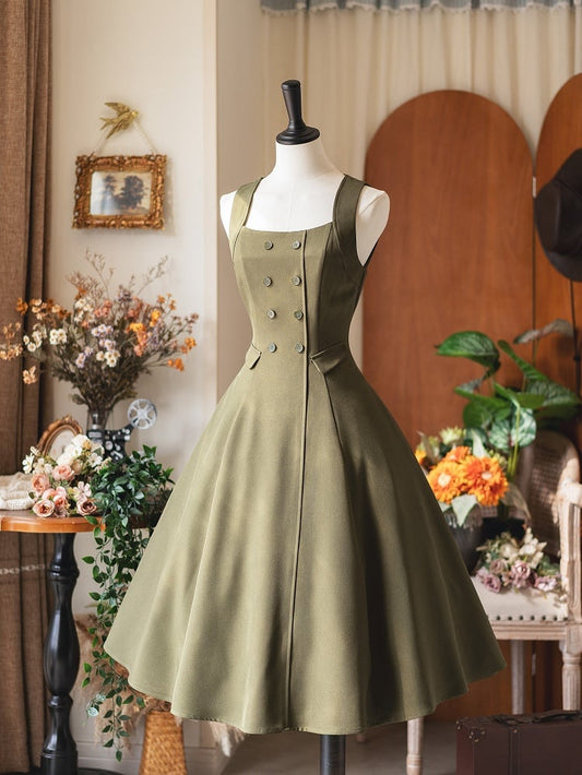 Retro Green Waist Olive Lacing Fashion and Midi Cinched Dress with Elegant Back
