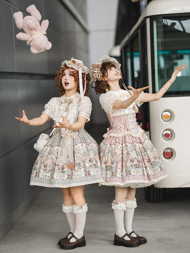Dress with Sweet Accents Green Bow Bear Lace-Trimmed Lolita Printed