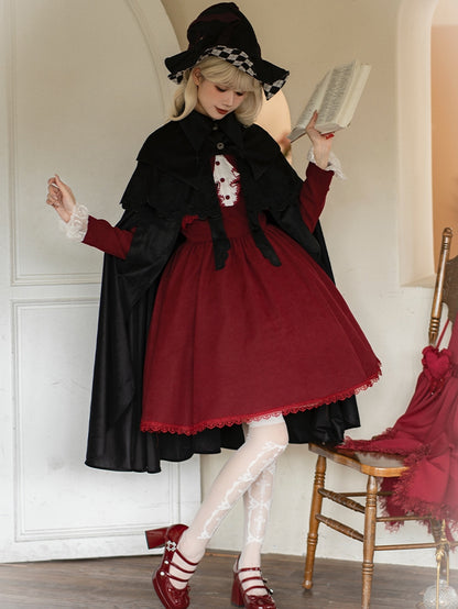 Black Gothic Witch Cloak with Roses & Cross Embroidery - With PUJI