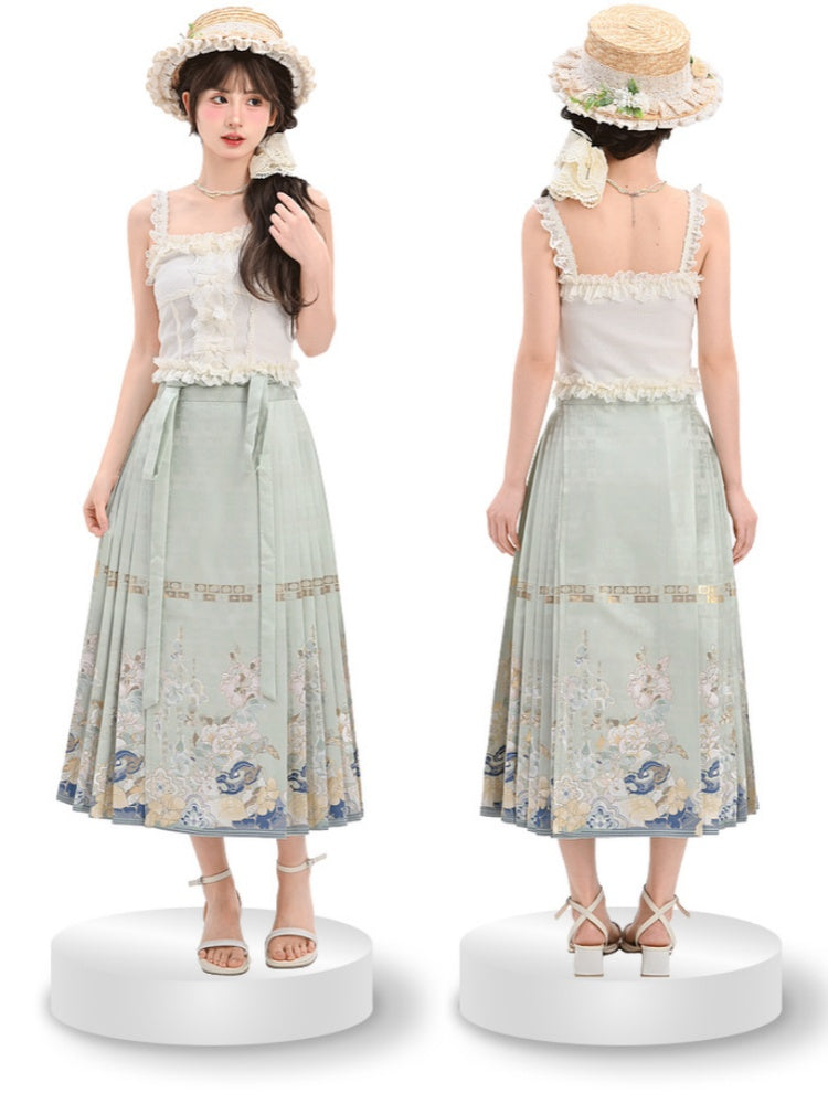 Cheongsam Jacquard Horse-face Embroidery Floral Style Skirt Green Pleated