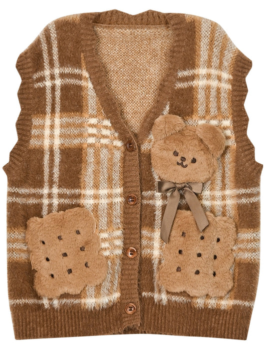 Brown Cute Cookie Bear Adorned Plaid Vest