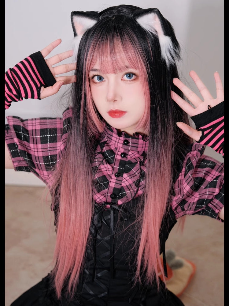 68cm 黒ウィッグ オンブル 長さ ストレートバング エアピンク