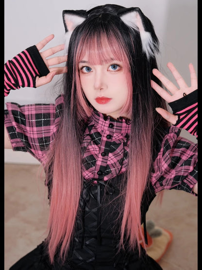 68cm 黒ウィッグ オンブル 長さ ストレートバング エアピンク