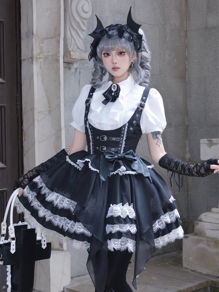 Tiered Devil Overalls Wing Skirt Black Buckle Straps Gothic Lolita Dress Accent