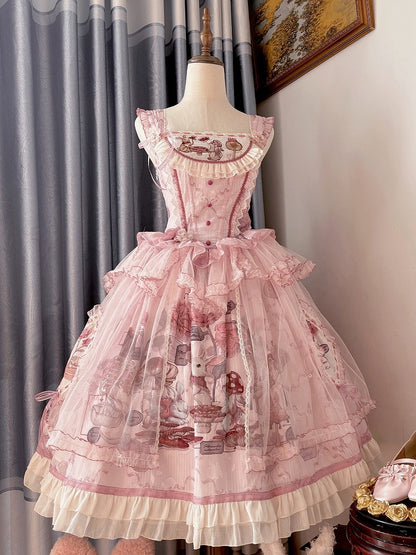 ピンクのバニーバスクウエストマッシュルームスカートプリンセスとジャンパーロリータプリント