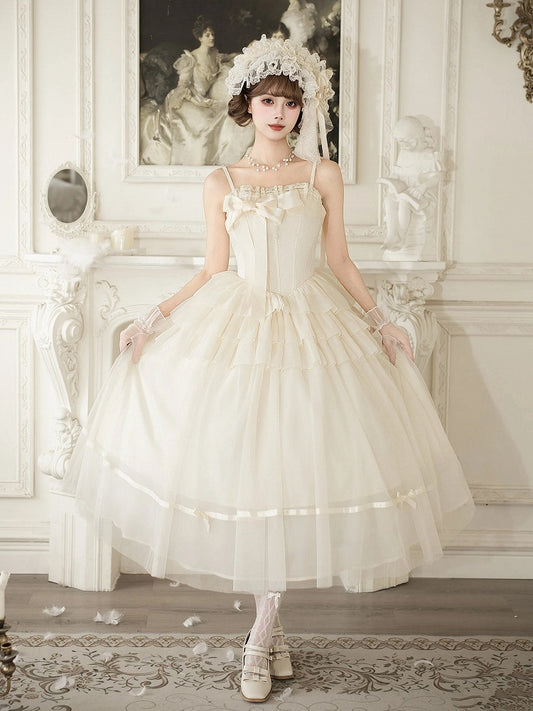 Creamy Boned Waist Elegant Lolita Long JSK Dress + Necklace + Hairband + Floral Hairclip - With PUJI