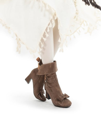 Convertible Scalloped Brown Bow High-heel in Boots Trim Top Boot Delicate Top， Elegant Lolita