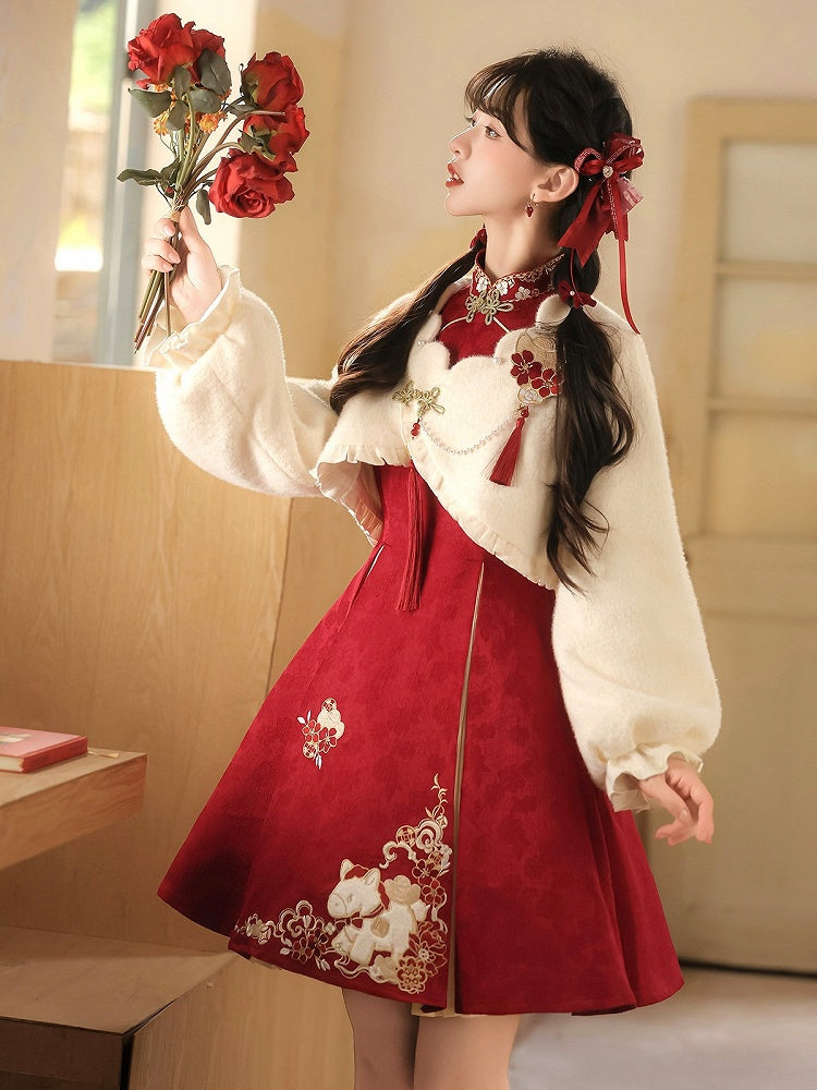 Red Floral Embroidered Chinese Dress with Plush White Top for Cold Seasons - Han Ru Chu Hanfu & Han-Element Studi