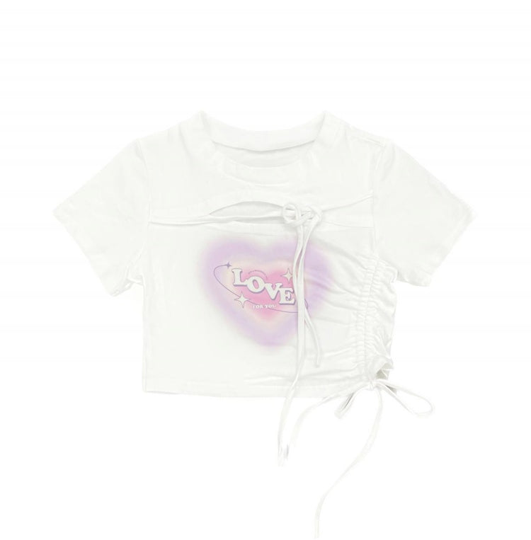 ホワイト スウィートハートプリント ドローストリング クロップドトップ