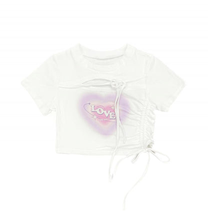 ホワイト スウィートハートプリント ドローストリング クロップドトップ