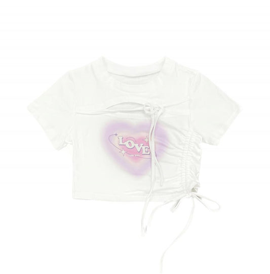 Weißes Crop-Top mit Sweetheart-Print und Kordelzug