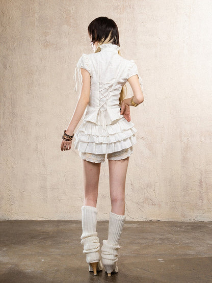 Print Crisscross Trim Short Punk Fashion White Top with Y2K Back Sleeve Puff Gyaru Leopard Ruffle Tie