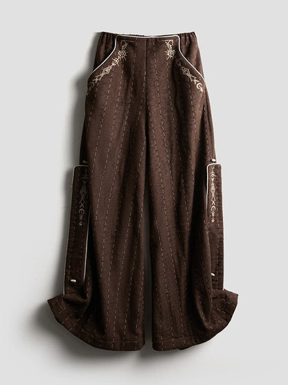 Urban Design Pants Leg-Cuff Dark Wide-Leg with Embroidered Goth Striped Thick Coffee