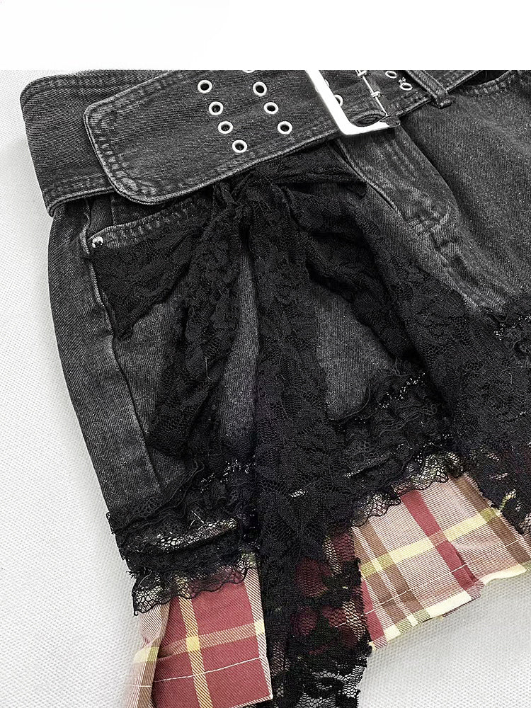 Stulpen Muster Rock + Schnalle Riemen Schwarz Denim Y2K Rot Bein Saum Plaid