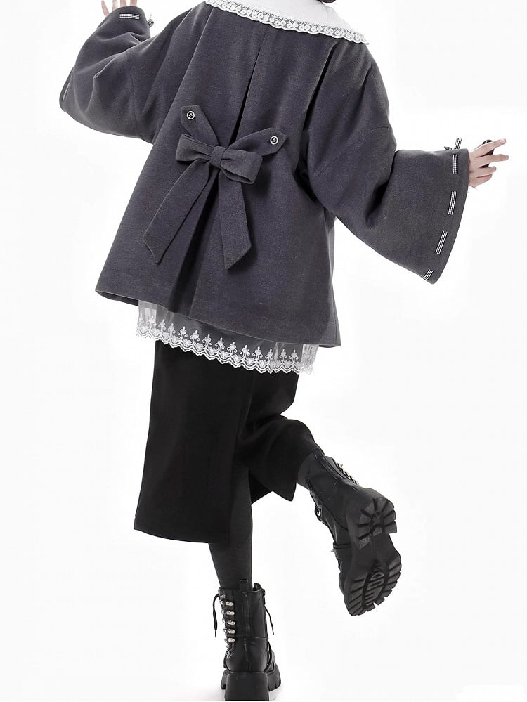 Dark Grey Bow Accents Open Placket Woolen Coat