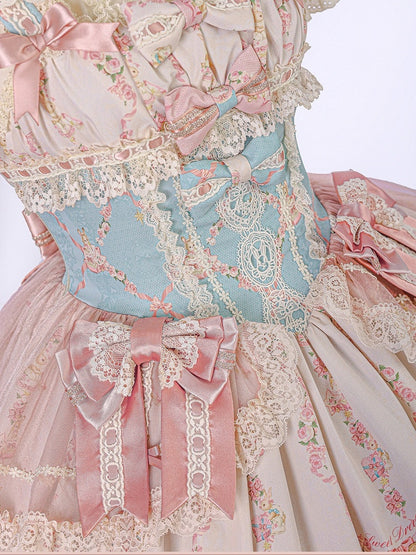 Doll Theme JSK Dress in Blue & Pink with Bow Accents, Lolita Style - Alice Girl