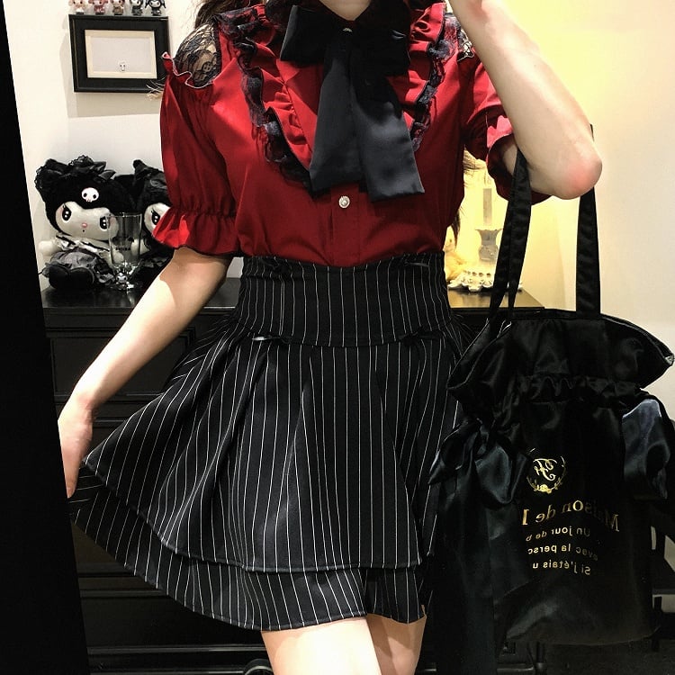 カットアウトショルダーレーストリムブラウスタイ（リボン付き） ジライケイ ブラック/レッド/ピンク/ホワイト