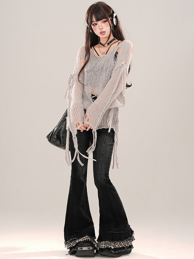 Gray and White Distressed Holes Asymmetrical Neckline Semi-sheer Knit Top
