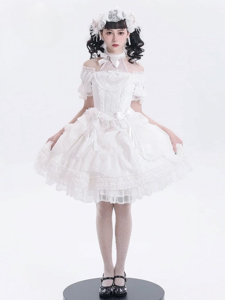 Embroidery Skirt White Elegant Drawstring Layered Details Lolita Ruffles Classic with