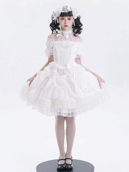 Embroidery Skirt White Elegant Drawstring Layered Details Lolita Ruffles Classic with
