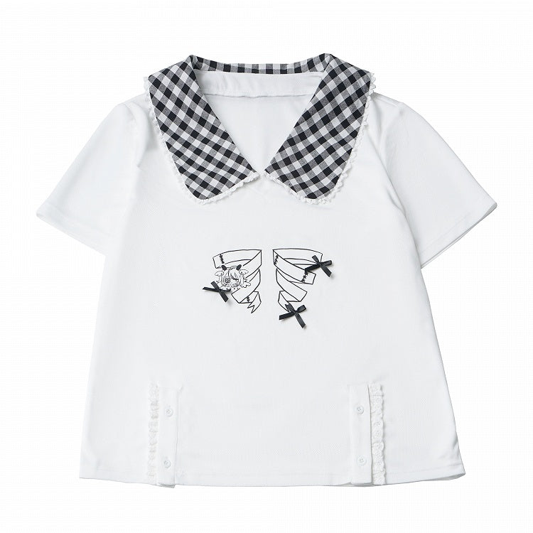 White Gingham Peter Pan Collar Tee with Cartoon Print - PINK SAVIOR
