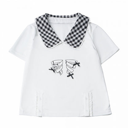 White Gingham Peter Pan Collar Tee with Cartoon Print - PINK SAVIOR