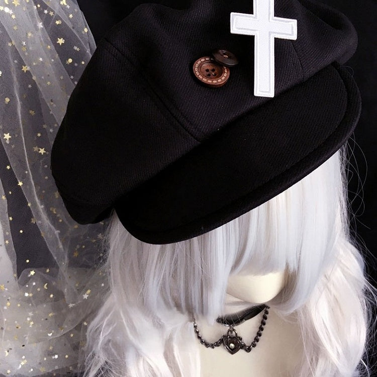 Cross Decorated Black Beret with