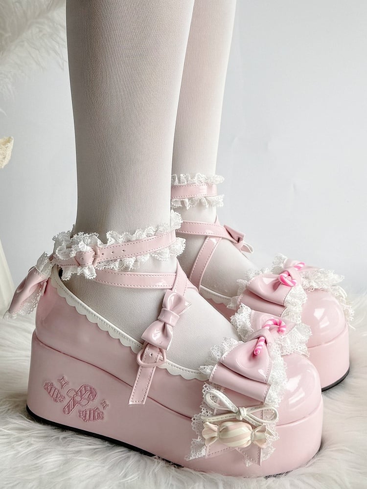 Sweet with Theme Mary Bow PU Lolita Trim Lace Candy Janes Platform Accents Pink -