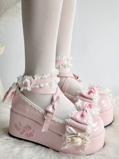 Sweet with Theme Mary Bow PU Lolita Trim Lace Candy Janes Platform Accents Pink -
