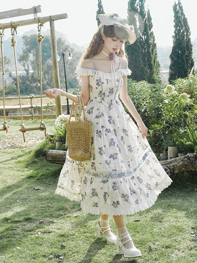 ネックラインジャンパースカート ベージュ オフショルダー パープルアイリス刺繍