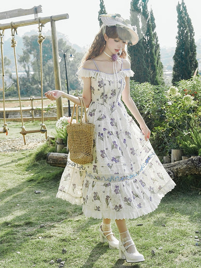 ネックラインジャンパースカート ベージュ オフショルダー パープルアイリス刺繍