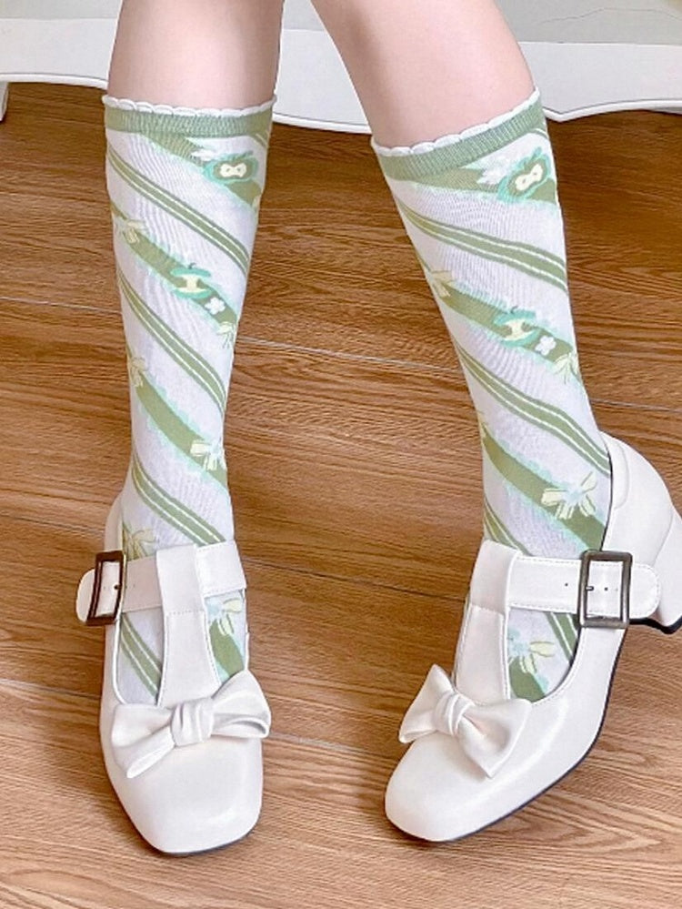Apple Calf Socks Striped Bowknot Lolita Print Green Pattern