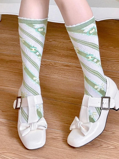Apple Calf Socks Striped Bowknot Lolita Print Green Pattern