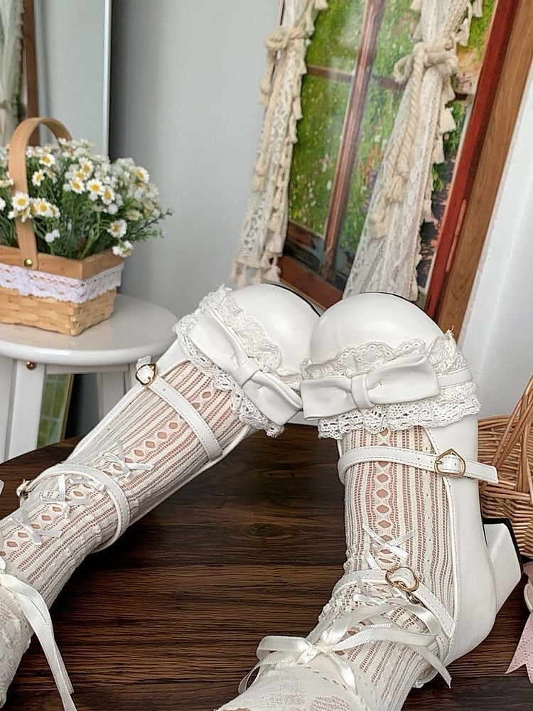 Toe at White Mid Sweet Heels Lace with Round Top Trim Bow