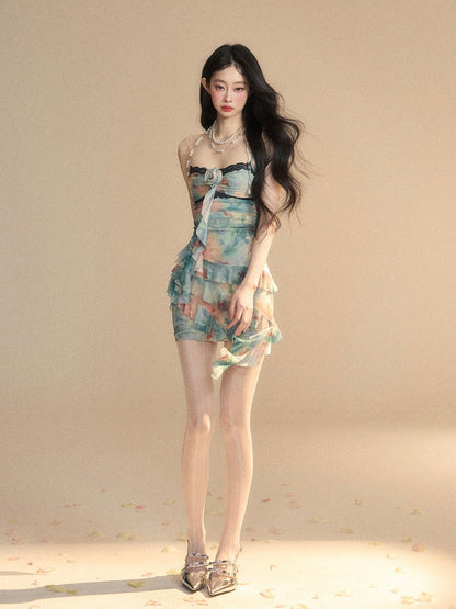 Contrast Floral Cami Dress Blue Asymmetrical Ruffled Hem Trim Lace Black