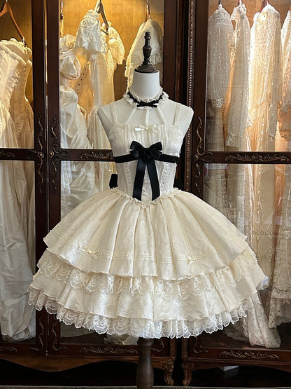 Apricot Lace-Trim JSK Dress with Black Bows - Die Die Zi