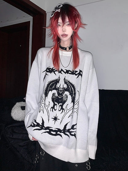 Oversized Crew Neck Pullover with Dark Pattern Print - WET BODY