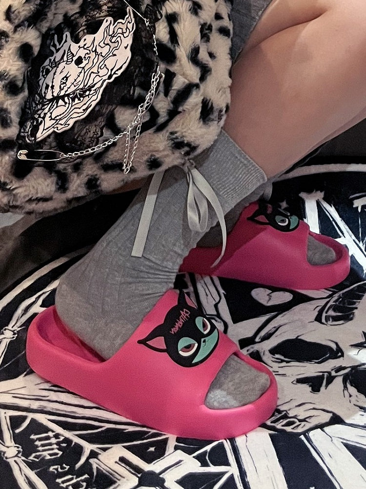 Slippers Summer Cat Gothic Black and With Applique Pink Green