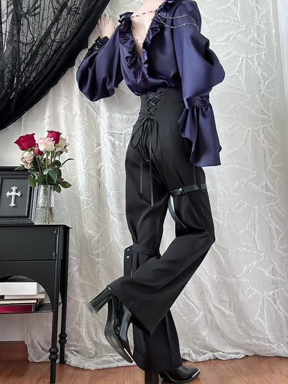 Lilac Lace-Up Ruffle Shirt with Black Flower Chains - Shi Zhi Mao