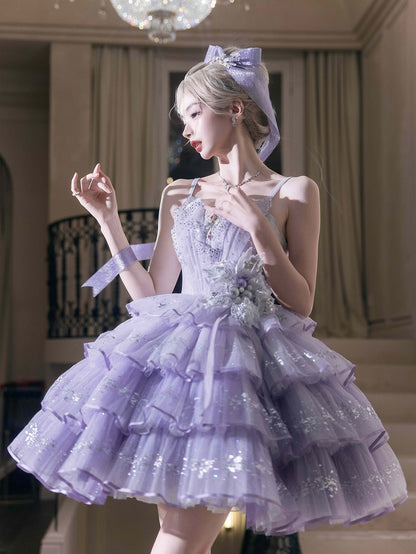 Purple Rhinestone Balletcore Lolita Silver Star Shimmer Dress - Nikki Tomorrow