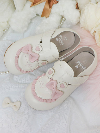 Accnet Sweet Ear Velcro Heart Ruffled Bow Strap Shoes Closures Bunny with Low-heel Beige Pink